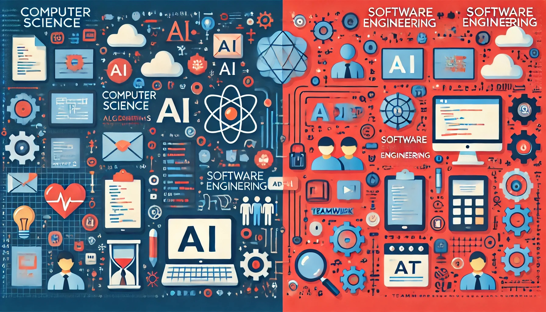 A modern digital illustration comparing Computer Science and Software Engineering. The left side represents Computer Science with AI, algorithms, and